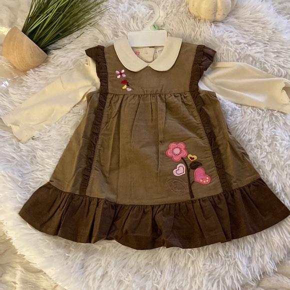NWT 18 mon 2 pc corduroy brown dress with flowers and hearts long sleeve… - Picture 1 of 5